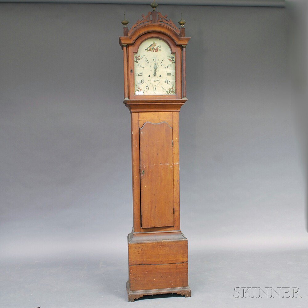 Appraisal: Cherry Tall Case Clock the fret-top case with freestanding turned