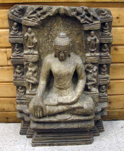 Appraisal: EAST INDIAN STONE SCULPTURE Buddha seated on a lotus throne