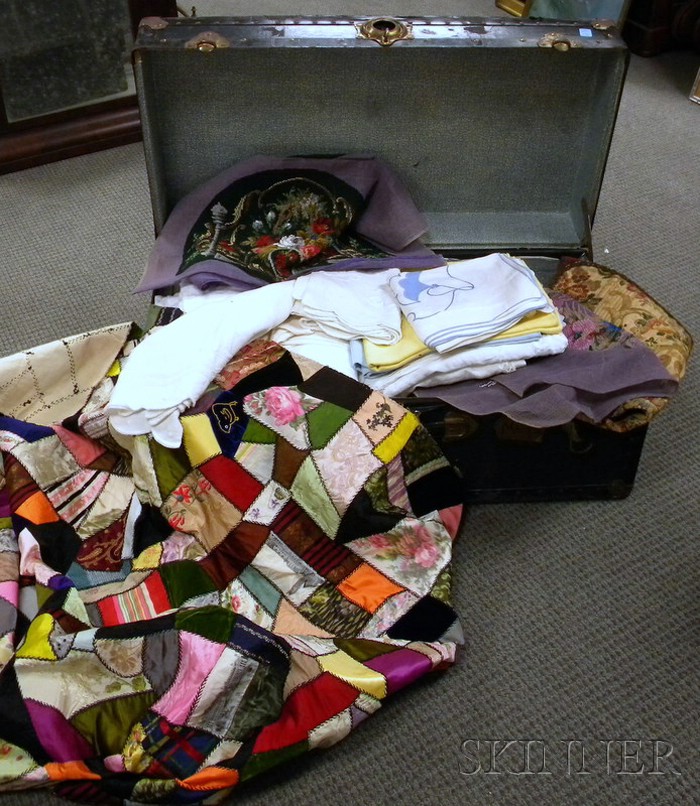 Appraisal: Trunk of Assorted Textile and Linen Items including unfinished crazy