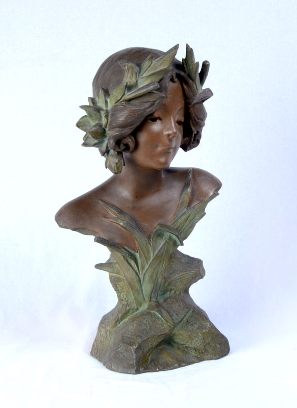 Appraisal: AFTER JULIEN CAUSSE PATINATED SPELTER BUST OF WOMAN Cast metal