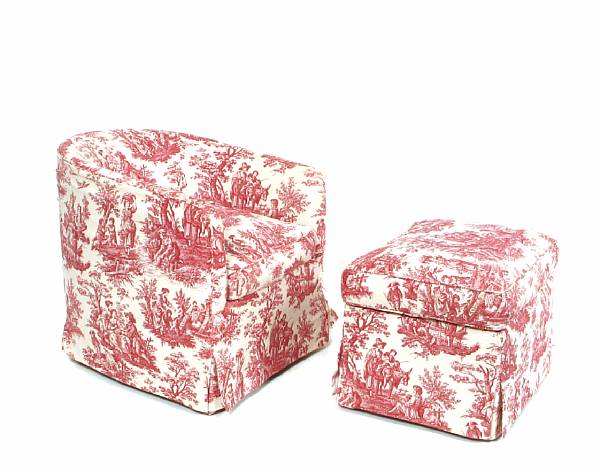 Appraisal: A red toille fully upholstered barrel chair and ottoman height