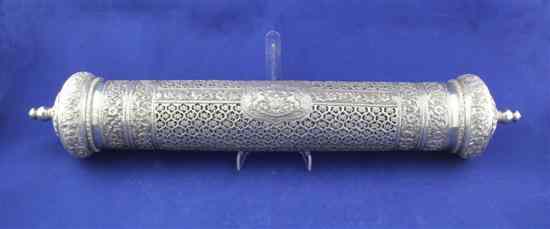 Appraisal: An Indian white metal scroll case pierced and decoration with