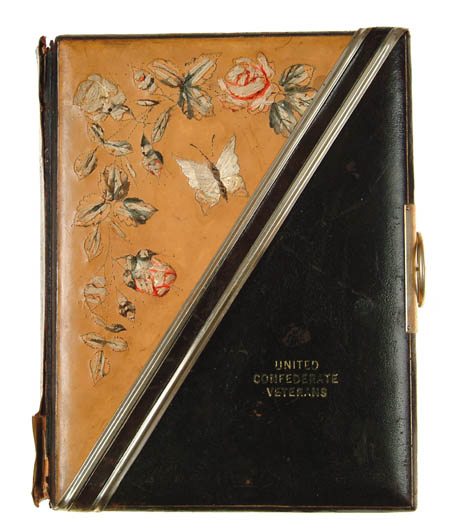 Appraisal: LARGE LEATHER ALBUM WITH PRINTED COVER Decorated with embroidered butterflies