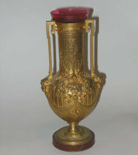 Appraisal: FRENCH GILT-BRONZE VASE Footed bottle form with two angular handles