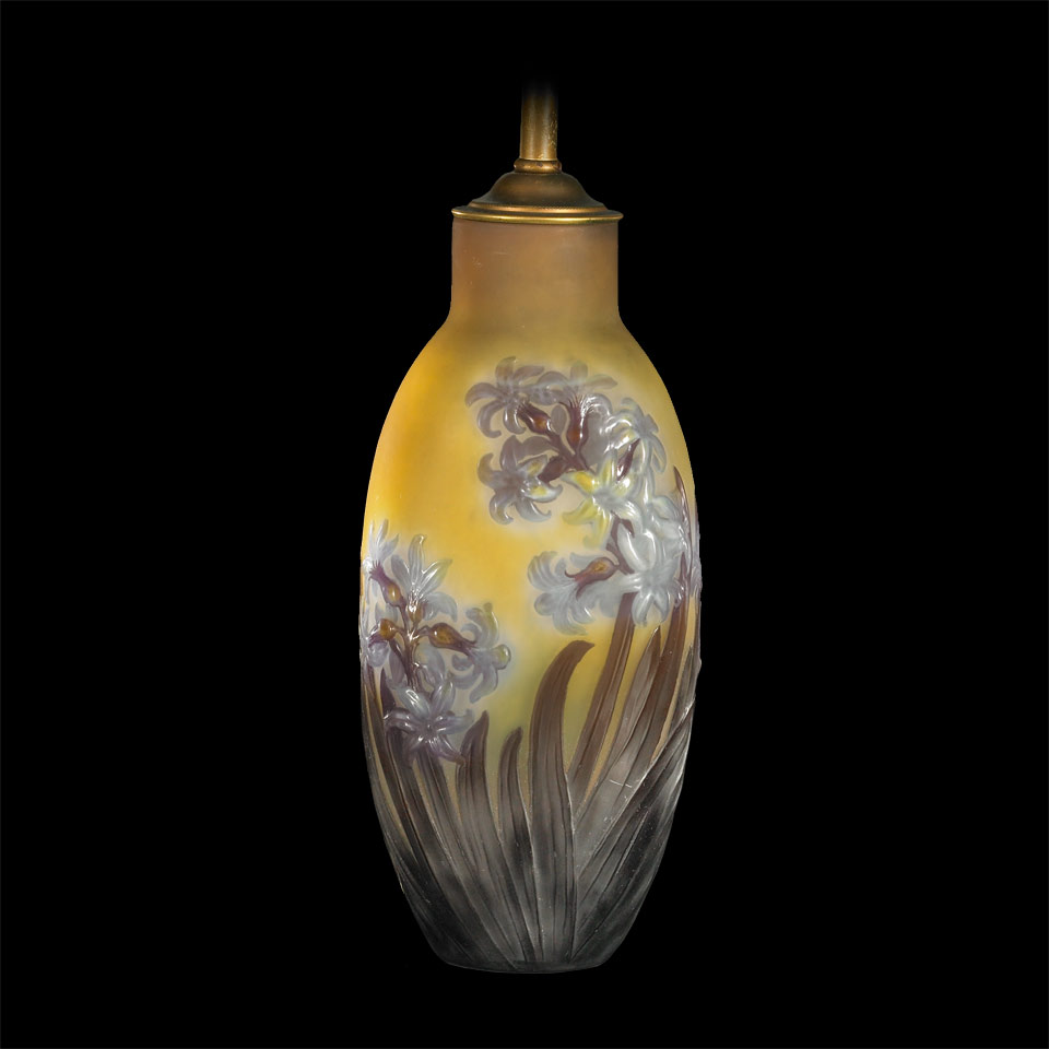 Appraisal: Gall Mould-Blown Cameo Glass Vase c etched with hyacinths mounted