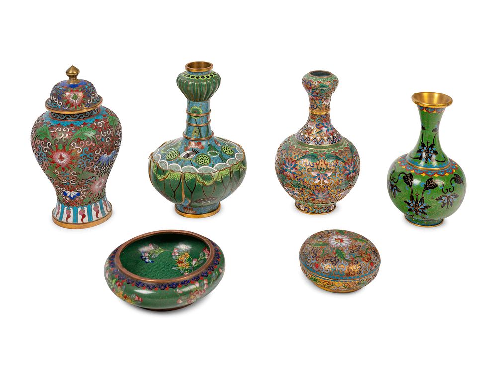 Appraisal: Six Chinese Green Ground Cloisonne Enameled Vessels Six Chinese Green