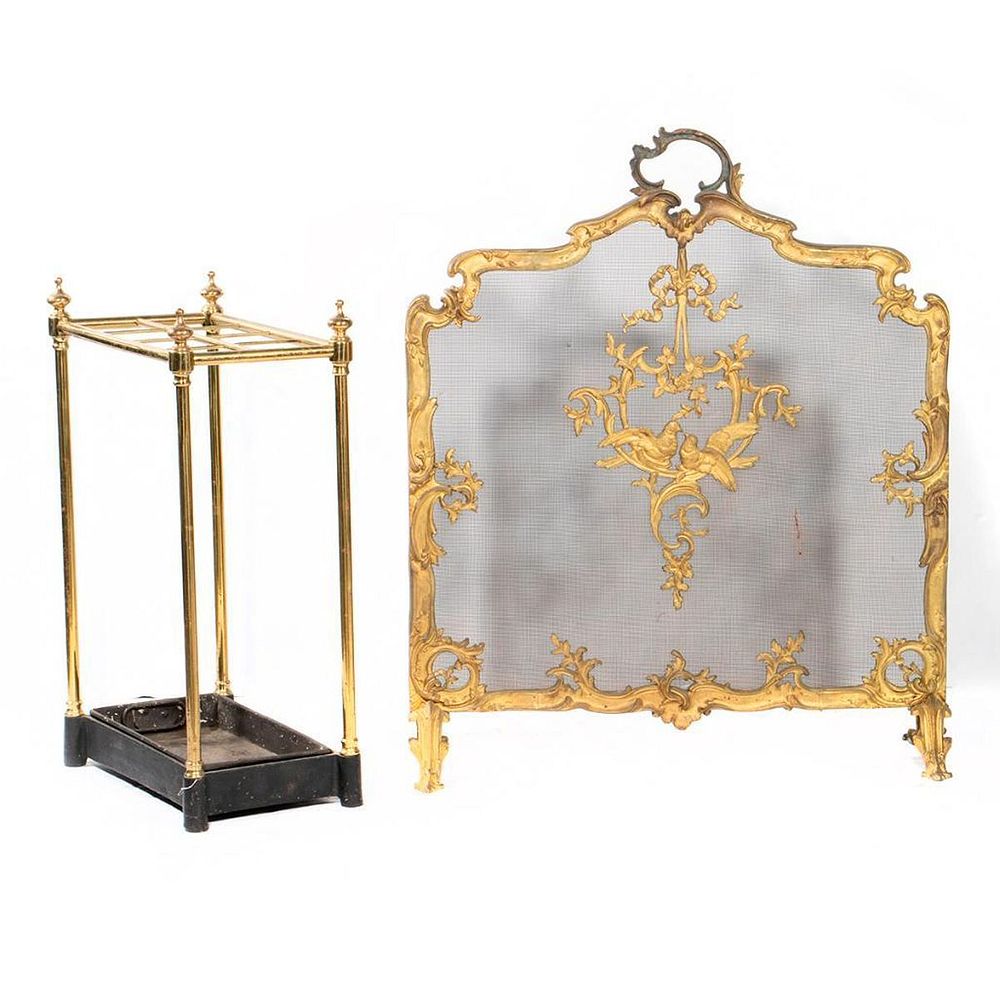 Appraisal: Rococo Style Brass Firescreen and Classical Stick Umbrella Stand Height