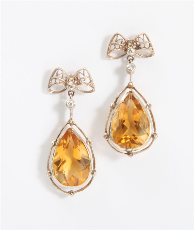 Appraisal: PAIR OF CITRINE PENDANT EARRINGS Set with pear-shaped citrines weighing