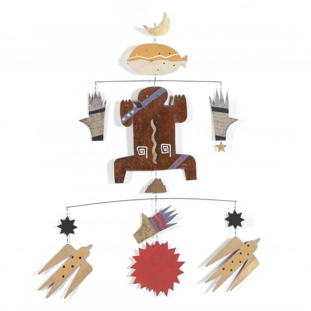 Appraisal: CONTEMPORARY SOUTHWESTERN FIGURAL MOBILE SCULPTURE SIGNED Painted metal depicting a