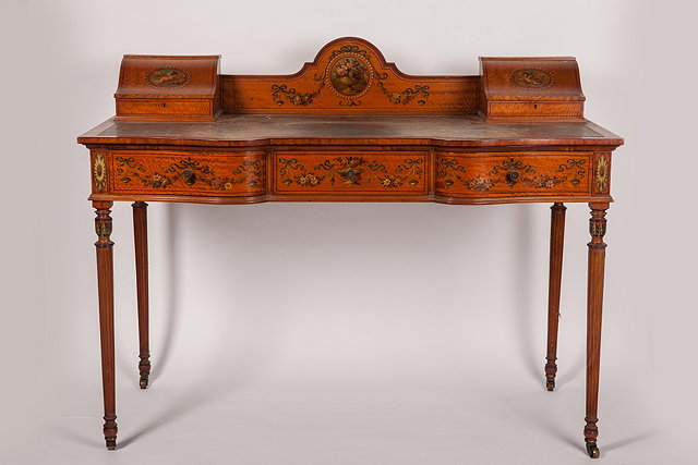 Appraisal: AN EDWARDIAN SHERATON REVIVAL SATINWOOD AND PAINTED WRITING TABLE with