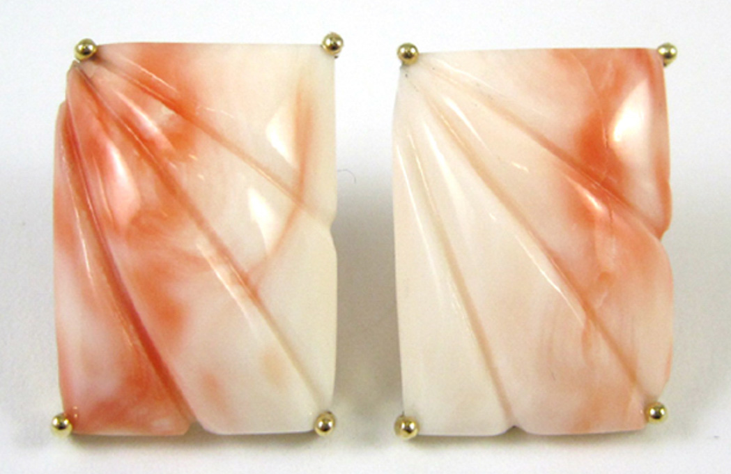 Appraisal: PAIR OF PINK CORAL EARRINGS each k yellow gold set