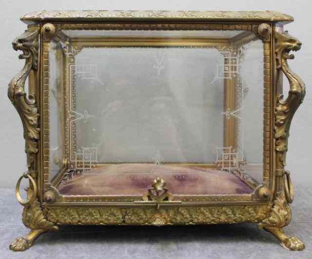 Appraisal: Bronze Footed Display Case Vitrine A beautiful case with etched