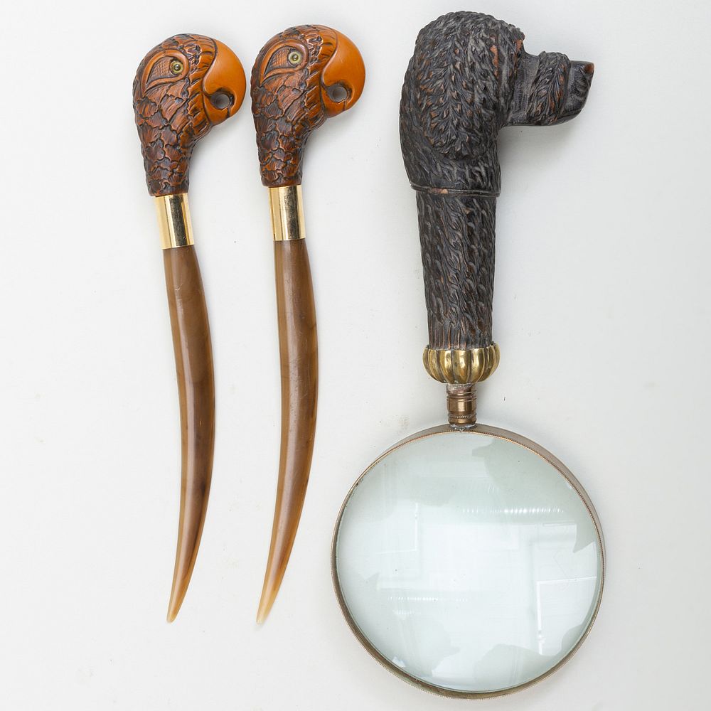 Appraisal: Magnifying Glass with Carved Hound Form Handle and Two Letter