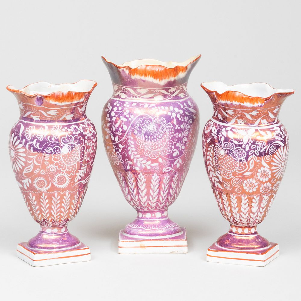 Appraisal: English Pink Lusterware Three Piece Garniture The larger in high