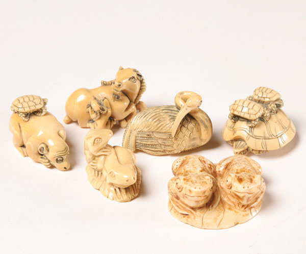 Appraisal: Six carved elephant ivory netsuke figures turtles goats monkeys etc