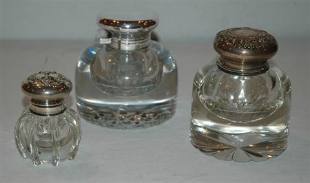 Appraisal: Group of Three Sterling Silver Mounted Glass Ink Bottles Estimate