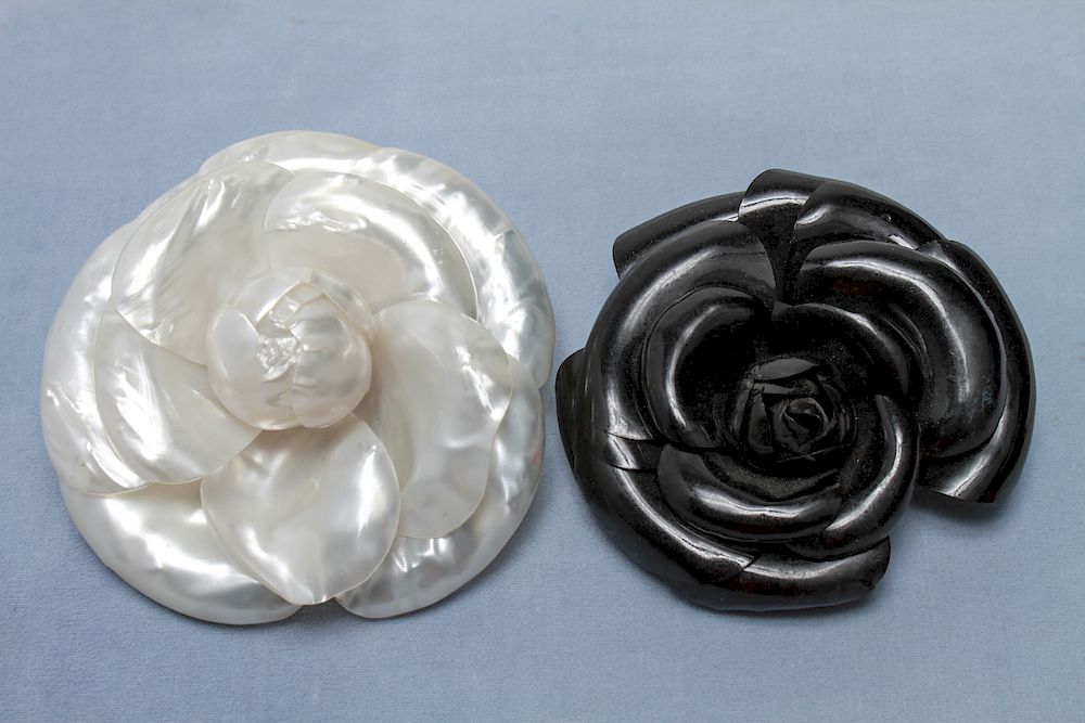 Appraisal: Chanel Vintage Vinyl Camellia Flower Brooches Two Chanel vintage vinyl