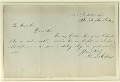 Appraisal: piece Autograph Letter Signed Eakins Thomas Philadelphia Chestnut St Nov