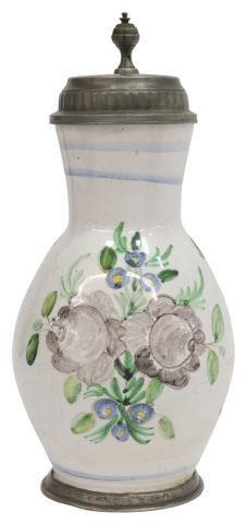 Appraisal: Delft tin-glazed earthenware jug with pewter lid th c polychrome