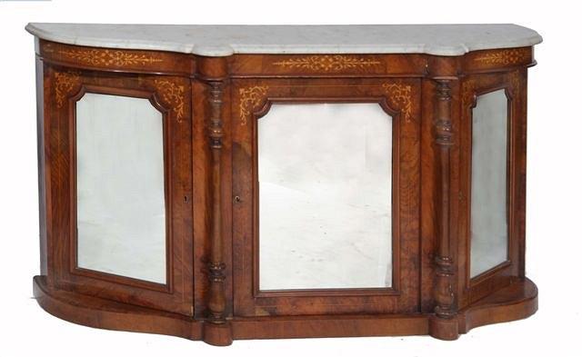 Appraisal: A VICTORIAN FIGURED WALNUT SERPENTINE SIDE CABINET with white marble