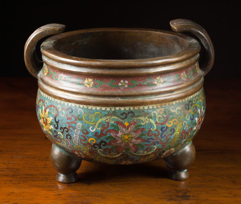 Appraisal: CHINESE BRONZE AND CLOISONNE CENSOR heavy bronze pot with two