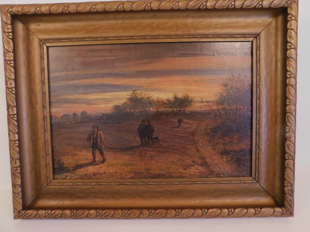 Appraisal: CE JOHNSON PAINTING Antique oil painting on board of travelers