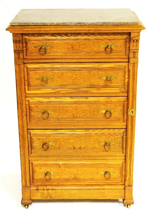 Appraisal: Victorian lock-side oak chest gray- and rose-colored marble top five