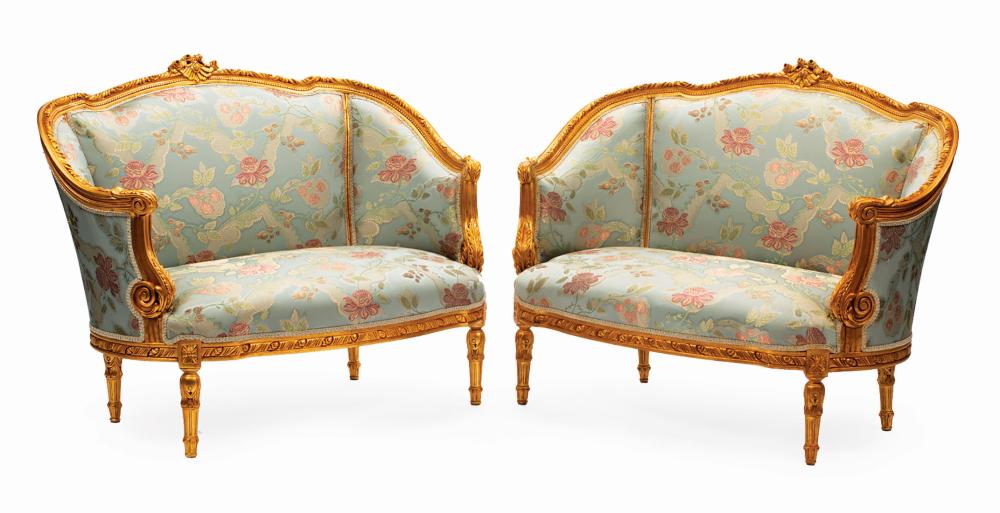 Appraisal: Pair of Louis XVI-Style Carved and Gilt Wood Settees rosette