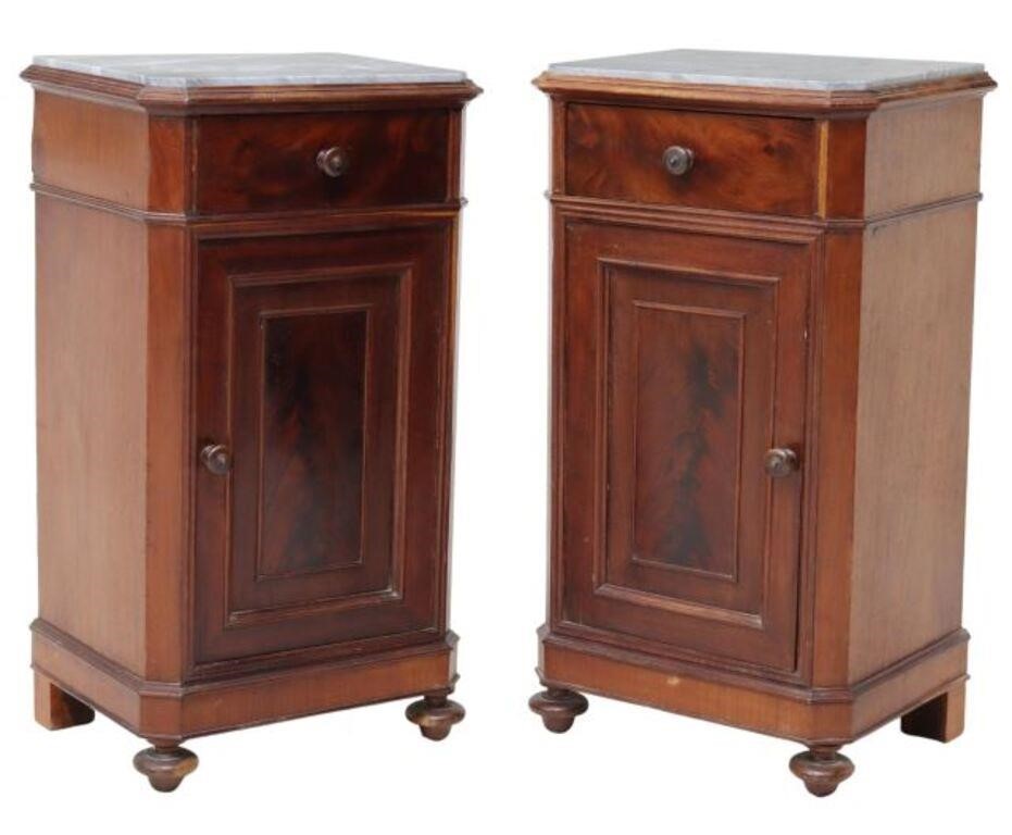 Appraisal: pair Italian mahogany marble-top bedside cabinets th c chamfered case