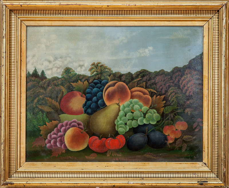 Appraisal: AMERICAN SCHOOL FRUIT IN A LANDSCAPE Oil on board unsigned