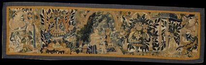 Appraisal: BRUSSELS TAPESTRY FRAGMENT Centered by two figures within a breakarch