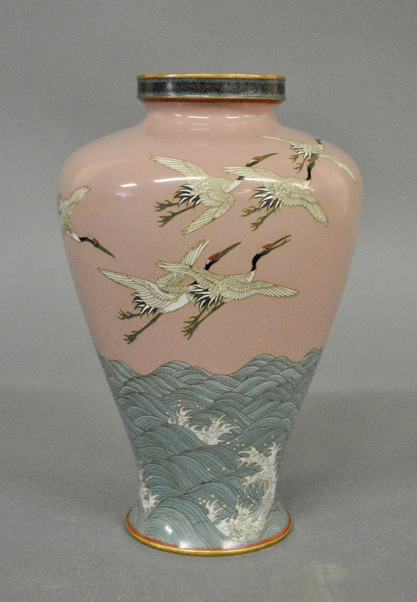 Appraisal: - Cloisonn vase late th c decorated with flying cranes