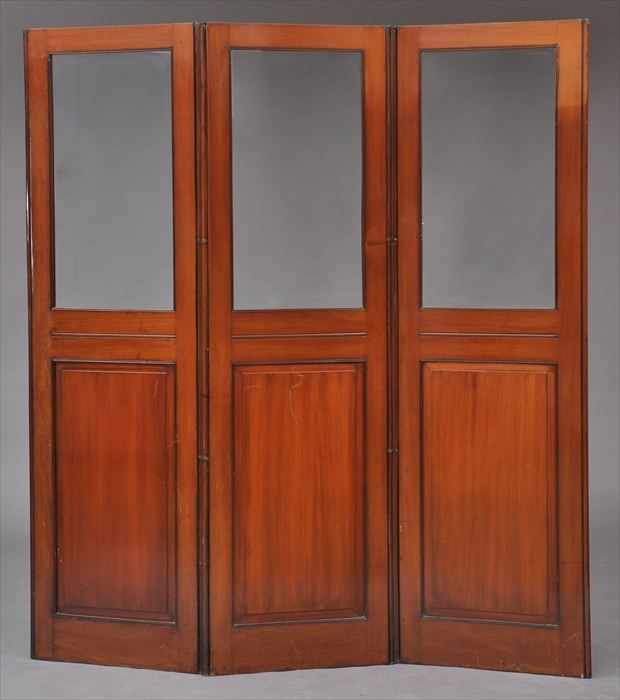 Appraisal: LOUIS PHILIPPE MAHOGANY AND GLASS THREE-PANEL SCREEN ft x in