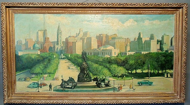 Appraisal: Oil on masonite painting of Philadelphia and the Eakins Oval