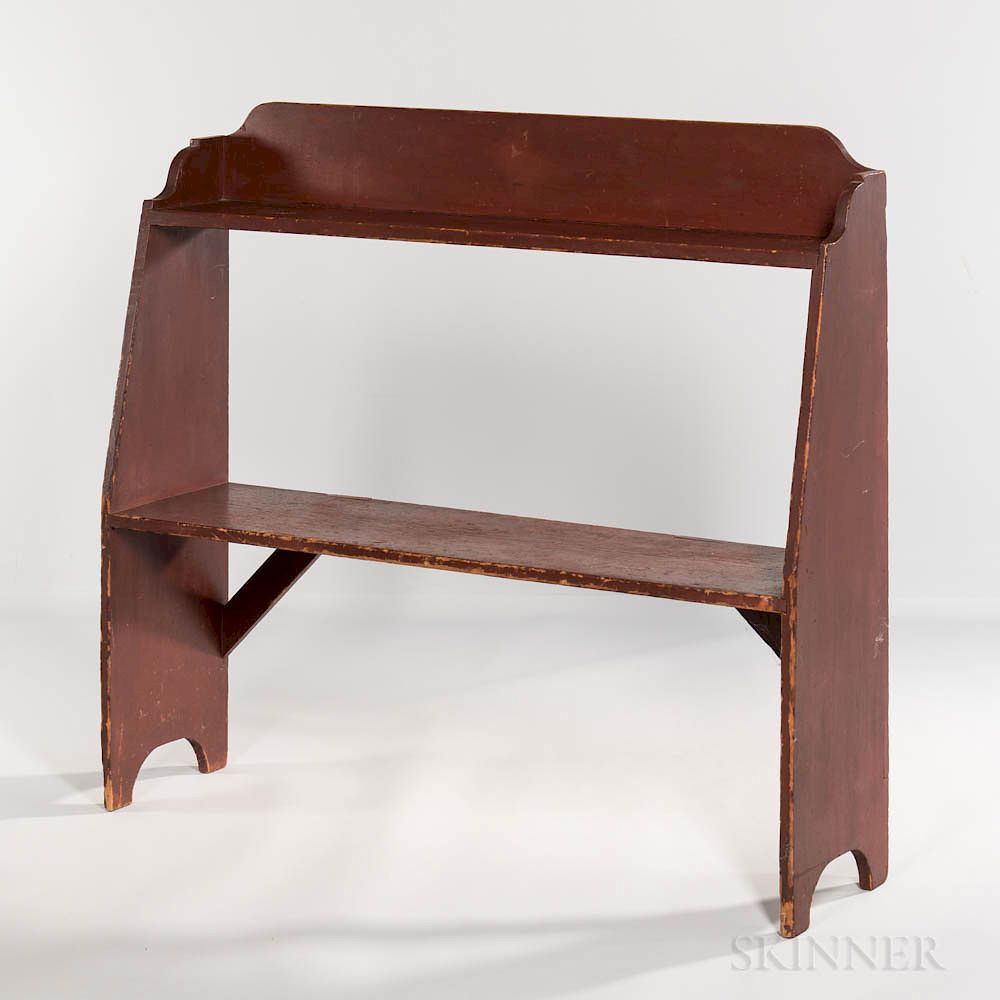 Appraisal: Red-painted Pine Bucket Bench Red-painted Pine Bucket Bench New England