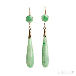 Appraisal: Gold and Jade Earrings each with jade drop suspended from