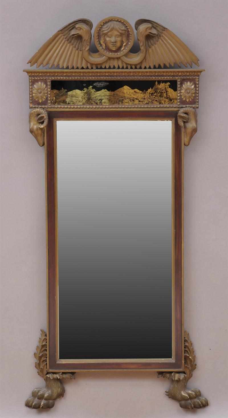 Appraisal: ITALIAN NEOCLASSICAL CARVED MAHOGANY AND PARCEL-GILT MIRROR WITH EGLOMIS PANEL