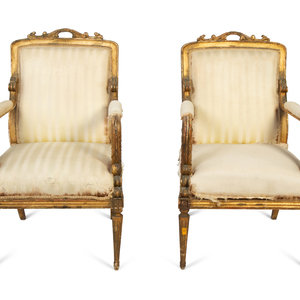 Appraisal: A Pair of Italian Giltwood Armchairs Early th Century Height