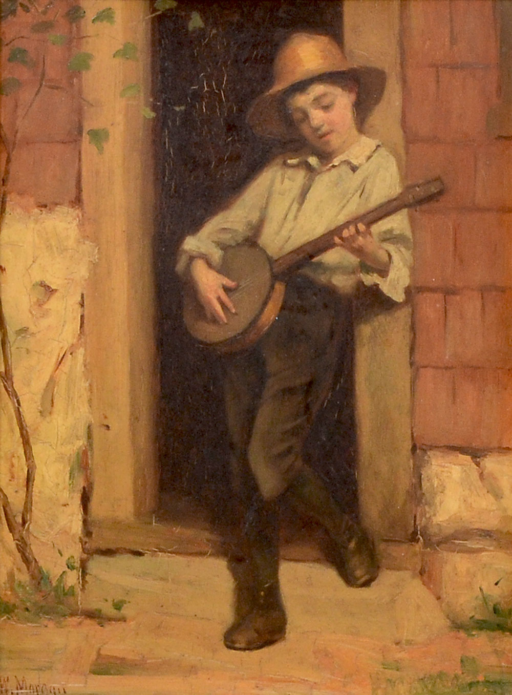 Appraisal: MORGAN William Penn American - Young Banjo Player Oil Board