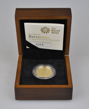 Appraisal: A boxed Royal Mint Britannia quarter ounce gold proof coin