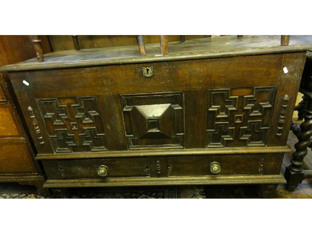 Appraisal: An th century oak mule chest the front elevation triple