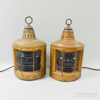 Appraisal: Pair of Painted Tin and Glass Ship's Lanterns electrified ht