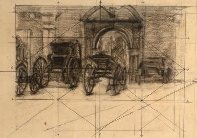 Appraisal: th Century English School Carriages beside an Arch inscribed sketch