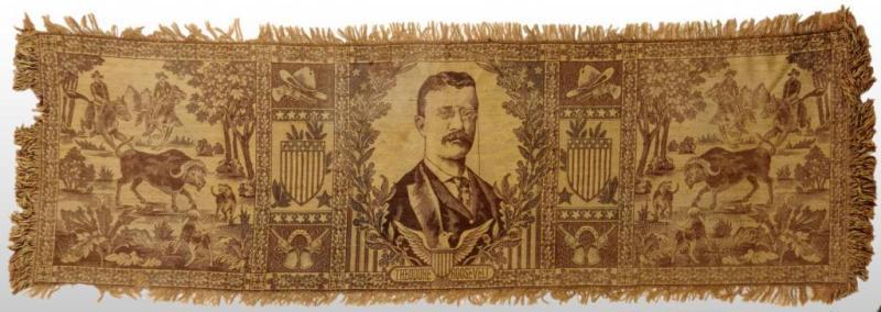 Appraisal: Teddy Roosevelt Tablecloth with Fringe Border Description to Center portrait