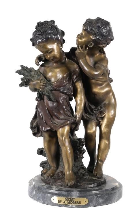 Appraisal: Bronze sculpture of figural group of two children on a