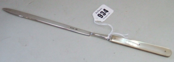 Appraisal: A silver bladed letter opener with a mother of pearl