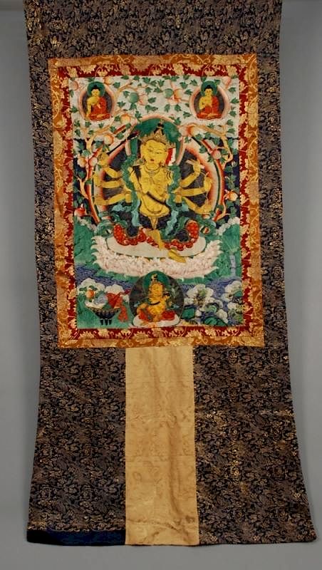 Appraisal: SILK EMBROIDERED THANGKA EARLY th C Embroidery on brocade silk