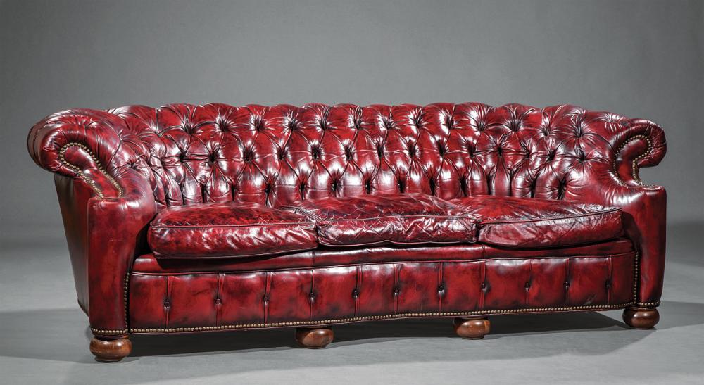 Appraisal: American Tufted Leather Chesterfield Sofa loose seat cushions brass nailhead