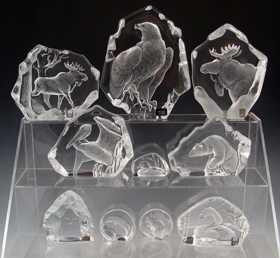 Appraisal: PIECE MATS JONASSON ENGRAVED GLASS ANIMALS Heavy solid glass paperweights