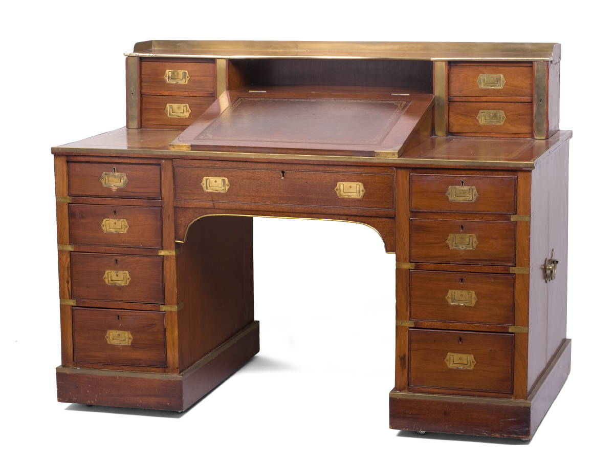 Appraisal: BRITISH BRASS-BOUND MAHOGANY CAMPAIGN PEDESTAL DESK MARKED JAMES SCHOOLBRED CO